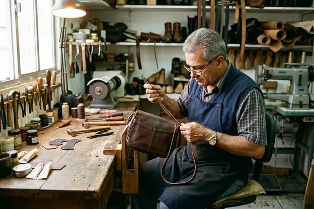Sapateiro em Valinhos reformando uma bolsa de couro, mostrando o processo de restauração.