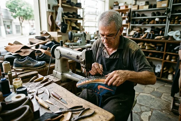 Sapateiro em Valinhos realizando reparo em um tênis, utilizando ferramentas especializadas.