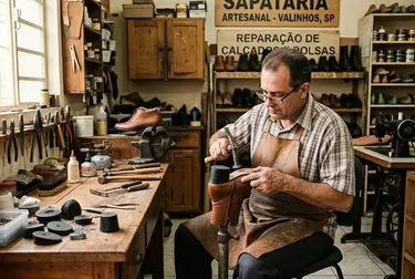 Sapateiro substituindo o salto de um sapato em Valinhos, com foco em qualidade e precisão.