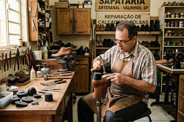 Sapateiro substituindo o salto de um sapato em Valinhos, com foco em qualidade e precisão.