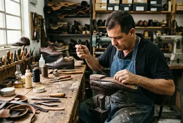 Sapateiro em Valinhos reformando sapatos sociais, demonstrando habilidade e cuidado.