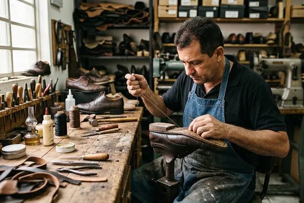 Sapateiro em Valinhos reformando sapatos sociais, demonstrando habilidade e cuidado.